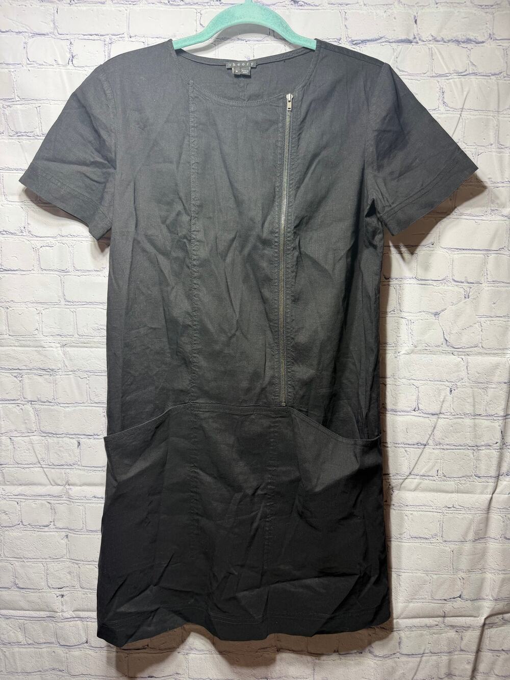 Theory Womens Short Sleeve Linen Blend Shift Dress Black Sz 8 Preppy Casual